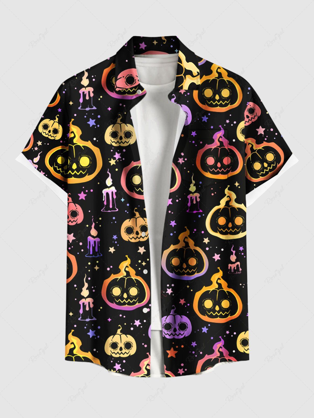Chemise grande taille pour homme, imprimé citrouille, bougies, étoiles, boutons et poches Noir XL