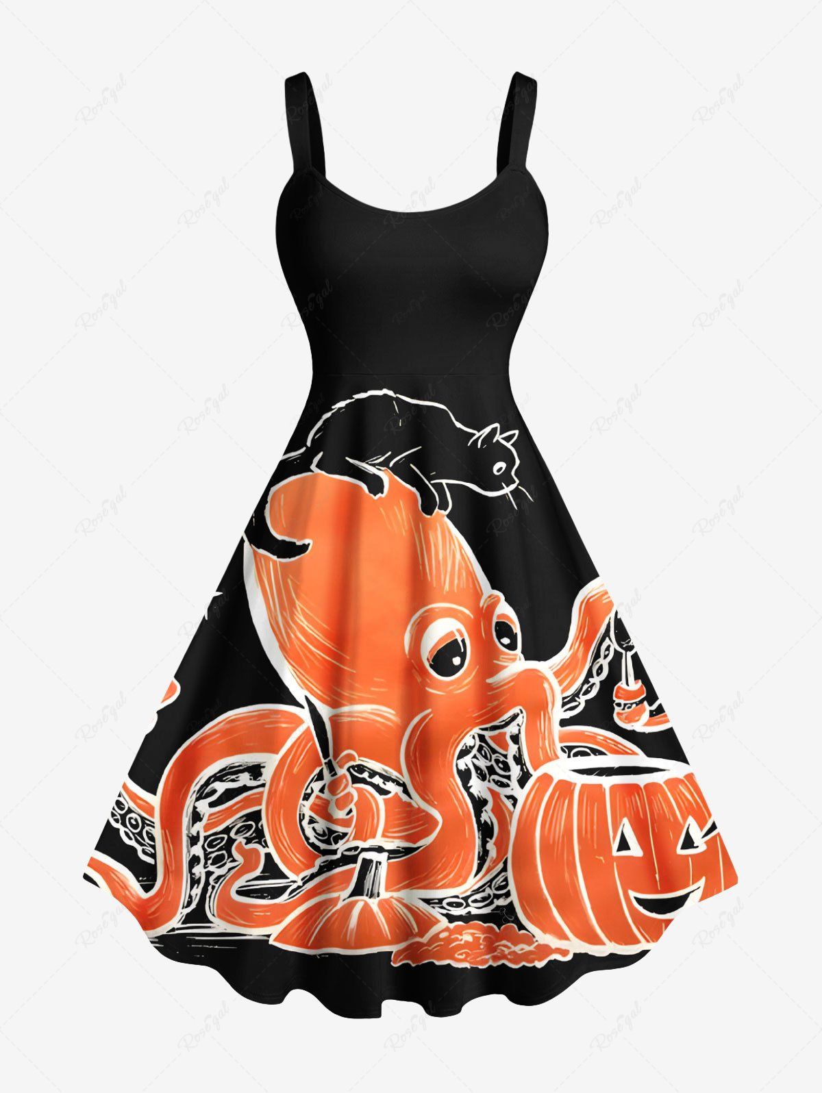 Hot Plus Size Halloween Octopus Pumpkin Cat Print Tank Dress  
