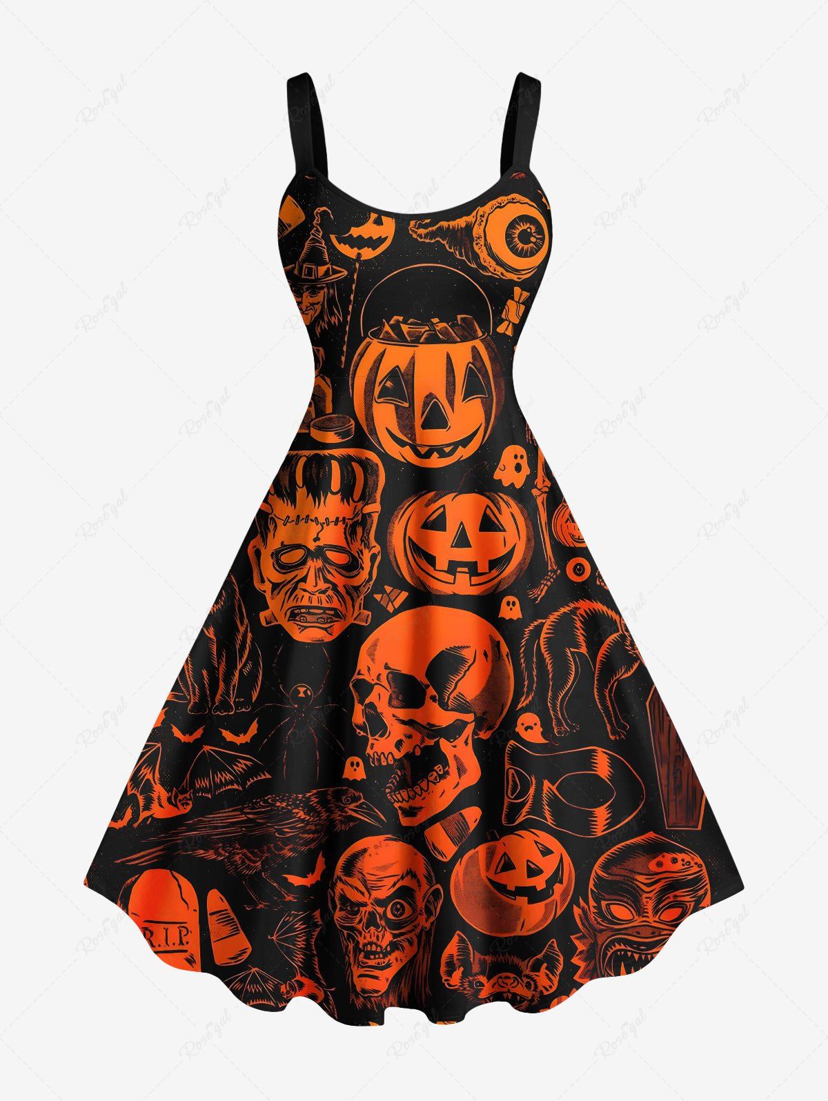 Chic Plus Size Halloween Pumpkin Skulls Skeleton Ghost Print Tank Dress  