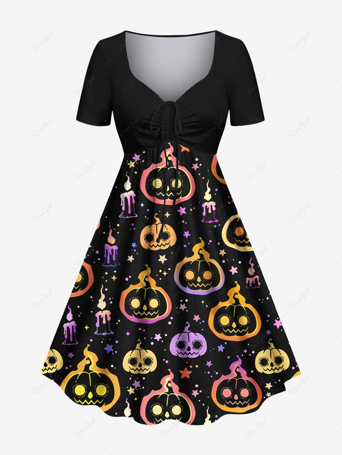 Outfits Plus Size Halloween Pumpkin Candles Star Print Cinched Dress  