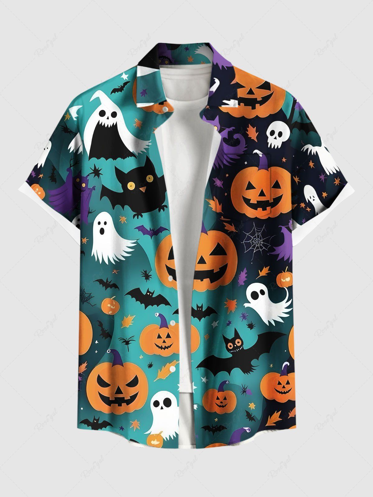 Chemise grande taille à imprimé citrouille, fantôme, chauve-souris, toile d'araignée, boutonnée, pour homme Vert M