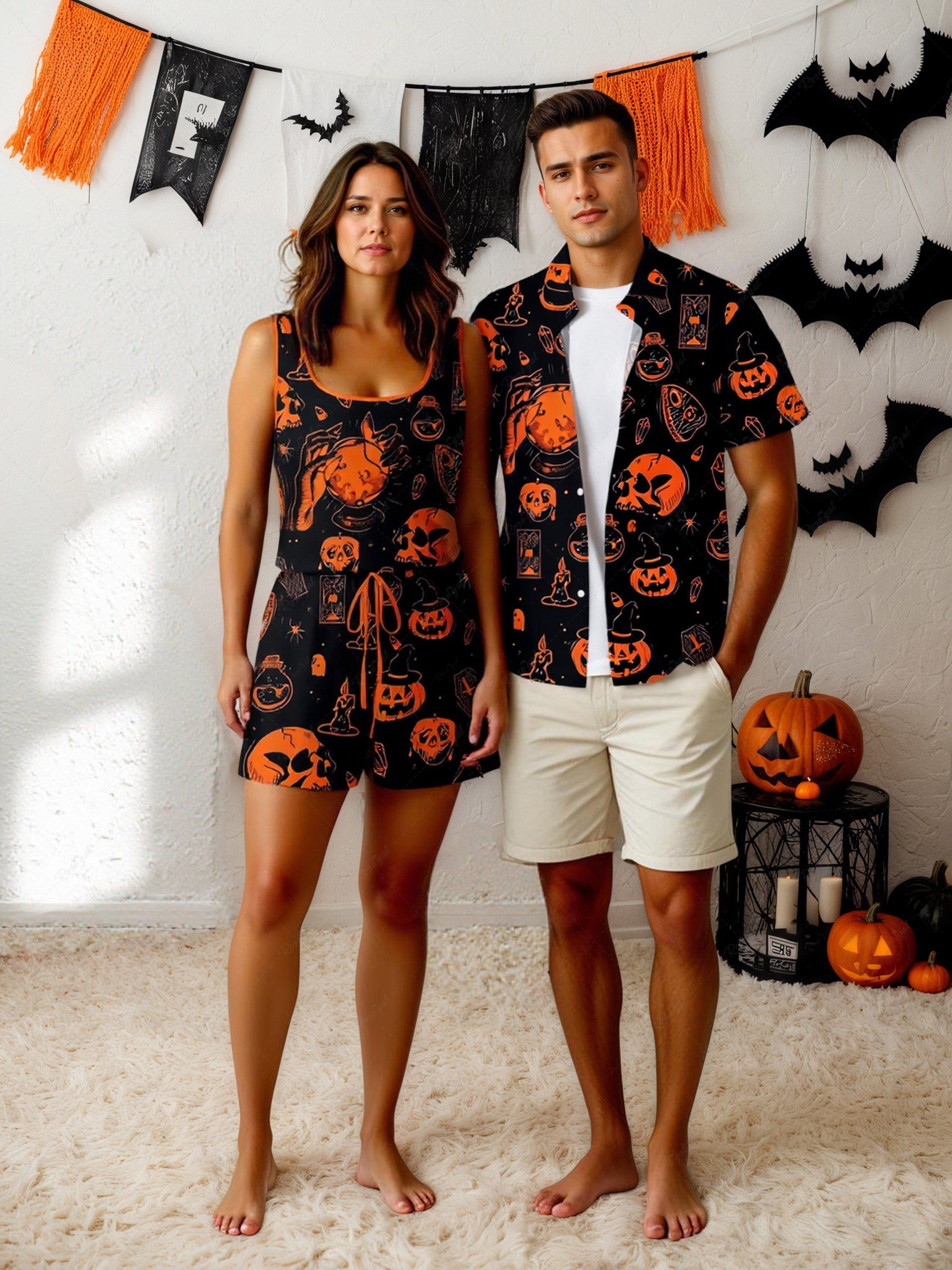 Unique Matching Halloween Shirt and Romper Plus Size Outfit Skull Pumpkin Tombstone Print For Couples  
