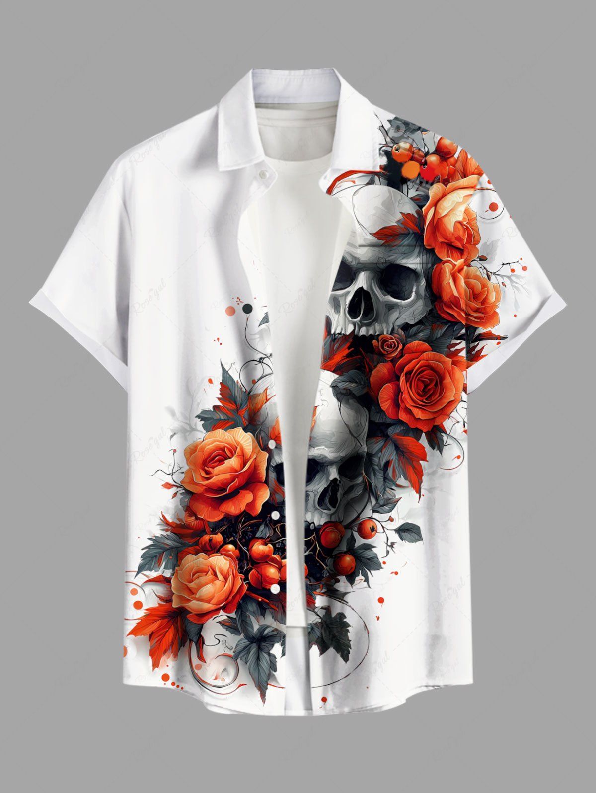 Cheap Plus Size Skull Rose Flower Print Halloween Button Pocket Shirt For Men  