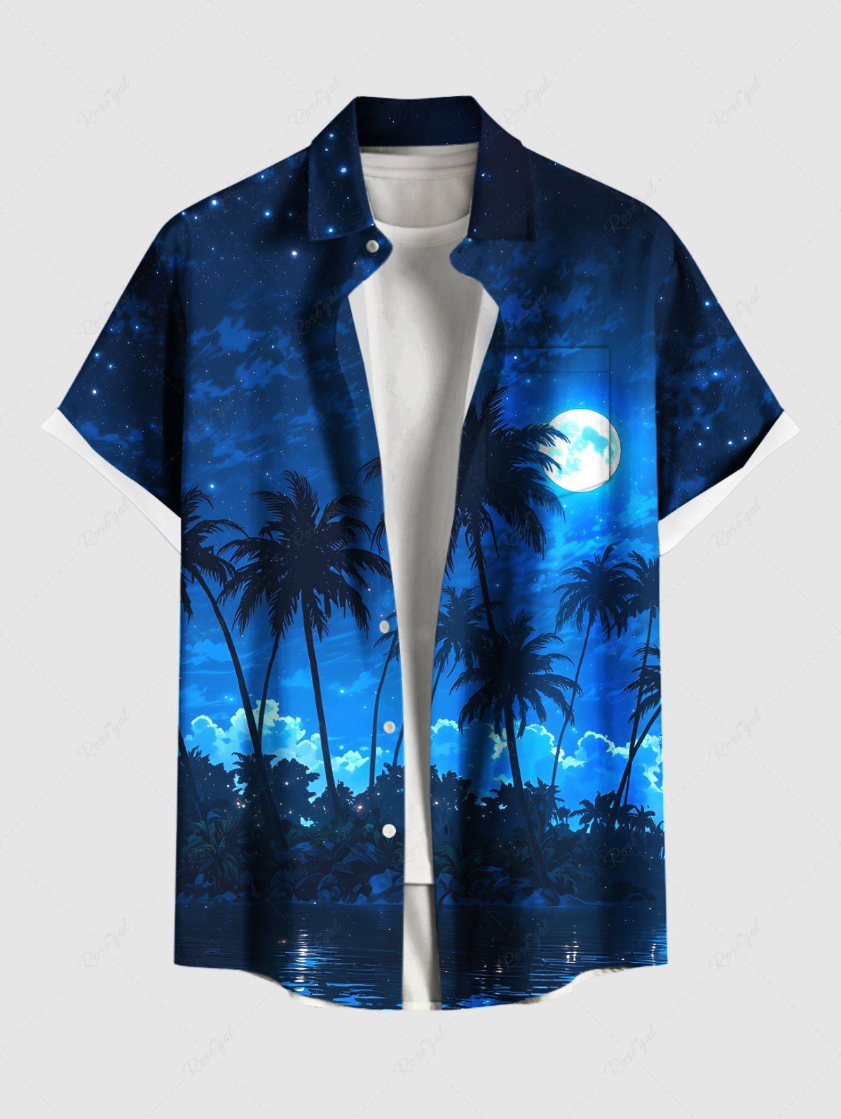 Chemise hawaïenne grande taille à imprimé cocotier, lune, galaxie, ombré, boutonnée et poche pour homme Bleu Ciel 4XL