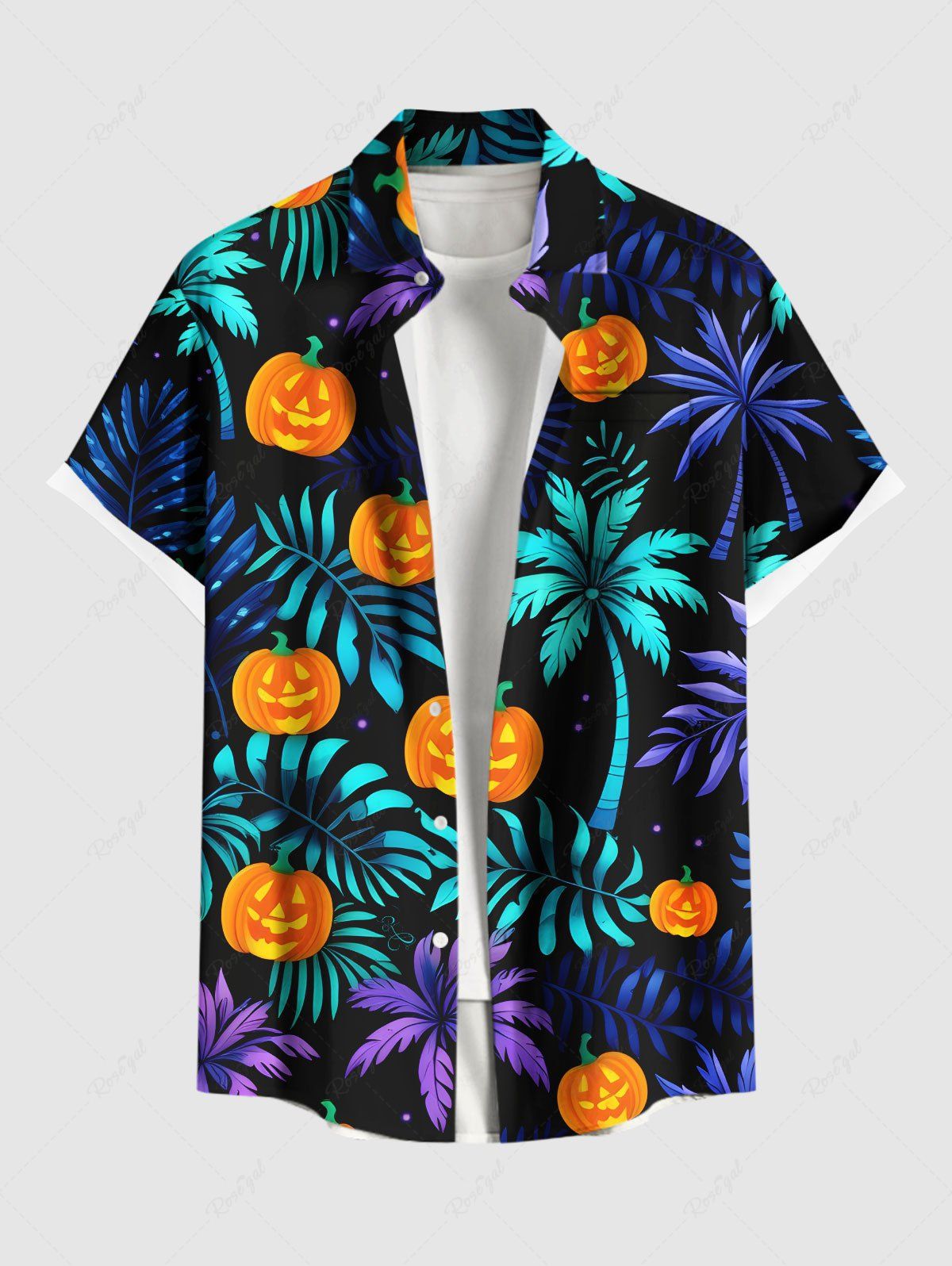 Chemise grande taille à imprimé cocotier, feuilles tropicales et citrouilles pour homme, avec poches boutonnées pour Halloween Noir L
