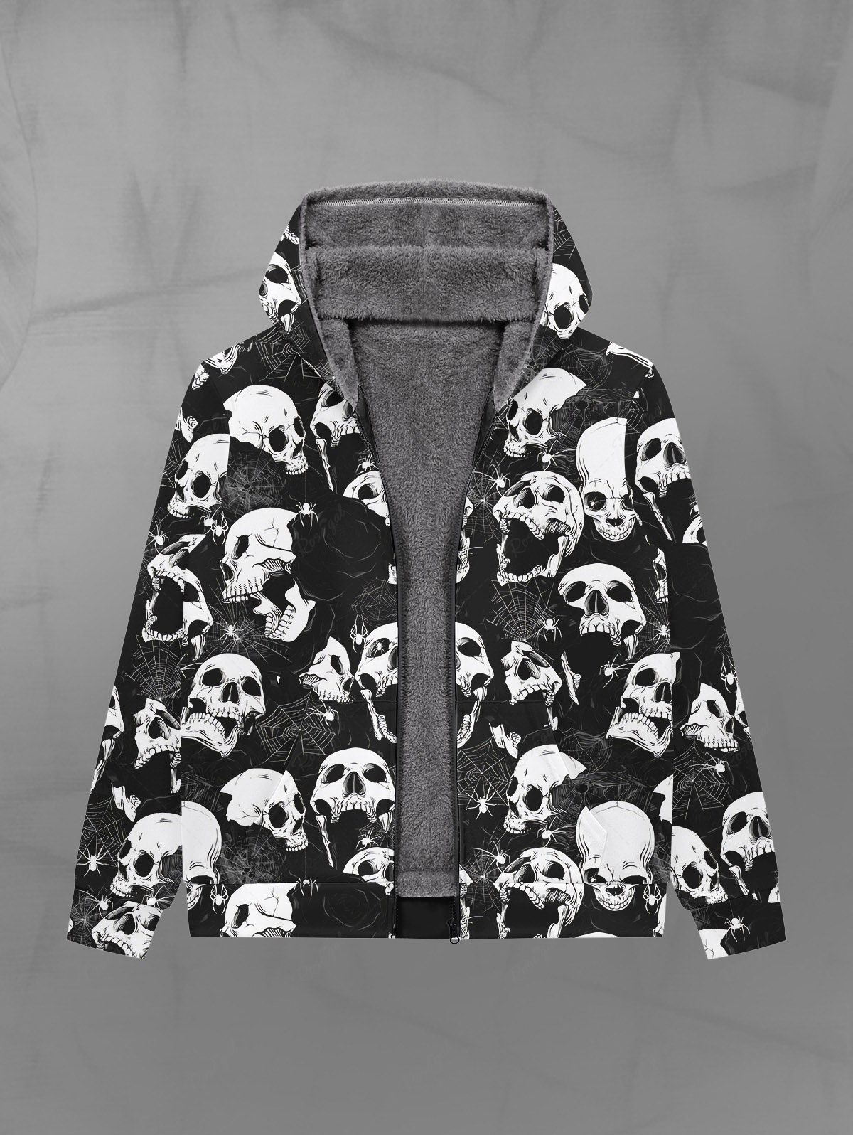Discount Gothic Skulls Spider Web  Rose Flower Print Zip Up Pockets Fleece Lining Hoodie For Men  