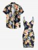 Tenue de plage hawaïenne assortie grande taille à imprimé feuilles tropicales et fleurs d'hibiscus pour couples - Noir 