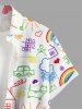 Plus Size Rainbow House Sun Cloud Flowers Stick Figure Print Buttons Pocket Hawaii Shirt For Men -  
