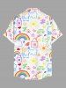 Plus Size Rainbow House Sun Cloud Flowers Stick Figure Print Buttons Pocket Hawaii Shirt For Men -  