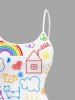 Plus Size Rainbow House Sun Cloud Flowers Stick Figure Print Hawaii Tank Dress -  