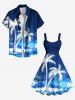 Plus Size Coconut Tree Sea Waves Paint Splatter Print Hawaii Tank Dress -  