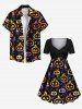 Plus Size Halloween Pumpkin Candles Star Print Cinched Dress -  