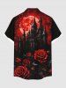 Plus Size Dark Style Rose Flower Castle Moon Print Halloween Button Pocket Shirt For Men -  