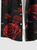 Plus Size Dark Style Rose Flower Castle Moon Print Halloween Button Pocket Shirt For Men -  