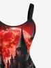 Plus Size Dark Style Rose Flower Castle Moon Print Halloween A Line Tank Dress -  