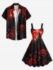Robe trapèze grande taille à imprimé château de fleurs roses et lunes, style foncé, pour Halloween - Rouge L
