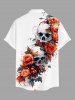 Plus Size Skull Rose Flower Print Halloween Button Pocket Shirt For Men -  