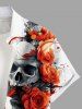 Plus Size Skull Rose Flower Print Halloween Button Pocket Shirt For Men -  