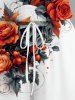 Combinaison grande taille à imprimé tête de mort et roses pour Halloween avec cordon de serrage et poches - Blanc 4X