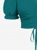 Plus Size Cold Shoulder Puff Sleeve Solid Cinched Top -  