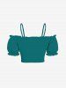 Plus Size Cold Shoulder Puff Sleeve Solid Cinched Top -  