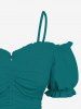 Plus Size Cold Shoulder Puff Sleeve Solid Cinched Top -  