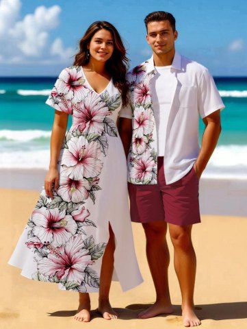 Hibiscus Flowers Leaf Print Plus Size Matching Hawaii Beach Outfit For Couples