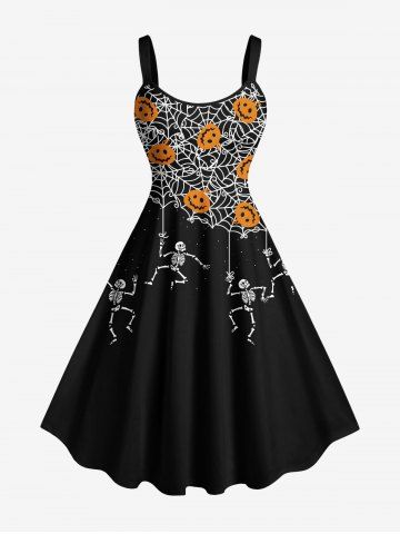 Plus Size Halloween Pumpkin Spider Web Skeleton Print Tank Dress - BLACK - XS