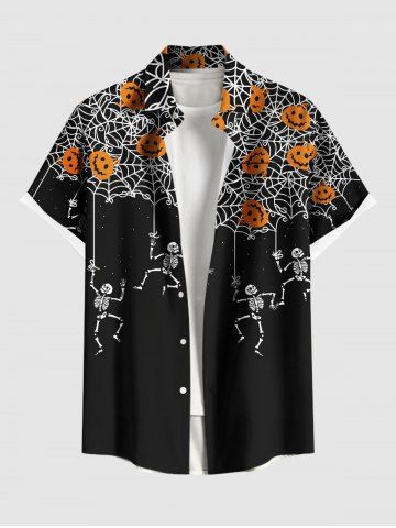 Plus Size Halloween Pumpkin Spider Web Skeleton Print Buttons Pocket Shirt For Men - BLACK - XL