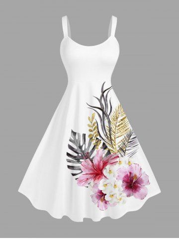 Plus Size Flowers Tropical Leaf Print Hawaii Tank Dress - WHITE - 3X