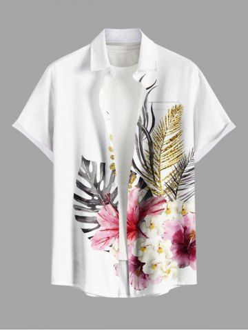 Plus Size Flowers Tropical Leaf Print Buttons Pocket Hawaii Shirt For Men - WHITE - 2XL