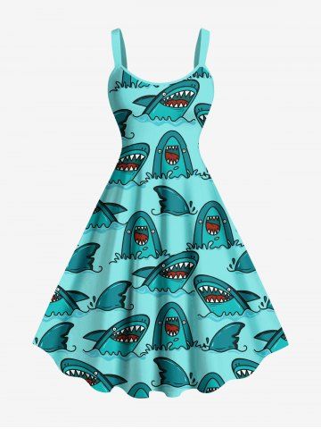 Plus Size Sharks Sea Waves Print Hawaii Tank Dress - MINT GREEN - 5X