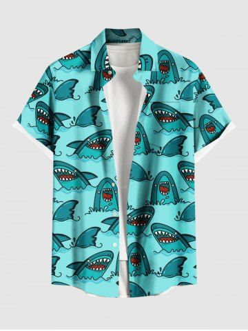 Plus Size Sharks Sea Waves Print Buttons Pocket Hawaii Shirt For Men