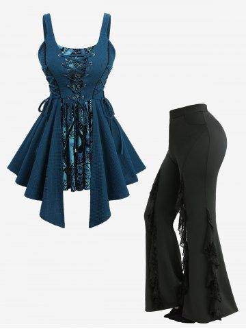 Lace Up Paisley Floral Flocking Tank Top and Spider Web Lettuce Flare Pants Plus Size Outfit