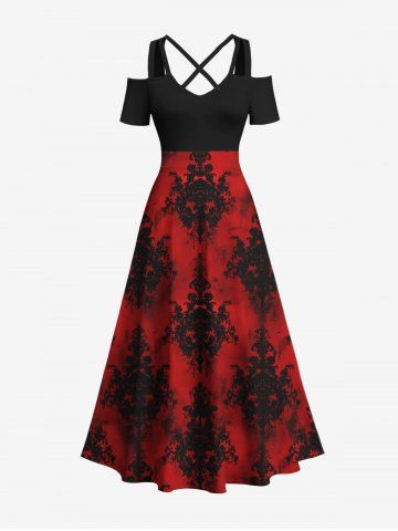 Plus Size Tie Dye Floral Pattern Print Cold Shoulder Crisscross Maxi Dress - RED - 1X
