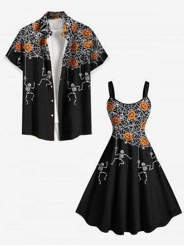 Halloween Pumpkin Spider Web Skeleton Print Plus Size Matching Outfit For Couples