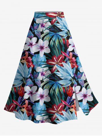 Plus Size Flowers Leaf Tropical Print Split Hawaii Skirt - BLACK - S