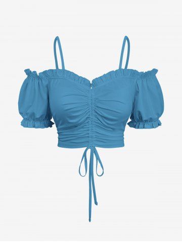 Plus Size Cinched Ruched Ruffles Cold Shoulder Cami Top - SKY BLUE - S