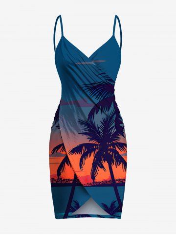 Plus Size Coconut Tree Sun Seascape Print Convertible Hawaii Beach Cover - DEEP BLUE - XS