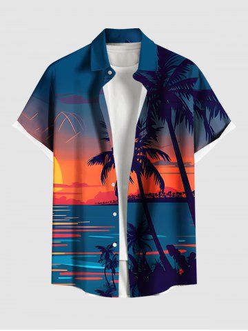 Plus Size Coconut Tree Sun Seascape Print Buttons Pocket Hawaii Shirt For Men - BLUE - L