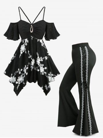 Pointelle Hollow Out Jacquard Embroidered Handkerchief Top and Lace Up Two Tone Flare Pants Plus Size Outfit