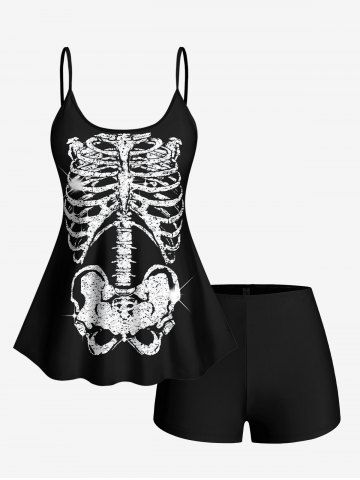 Glitter Skeleton Print Halloween Tankini Top and Swim Bottom Plus Size Matching Set