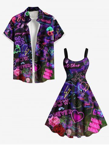 Glitter Neon Ombre Heart Rose Flower Balloon Flamingo Coconut Tree Butterfly Print Plus Size Matching Hawaii Beach Outfit For Couples