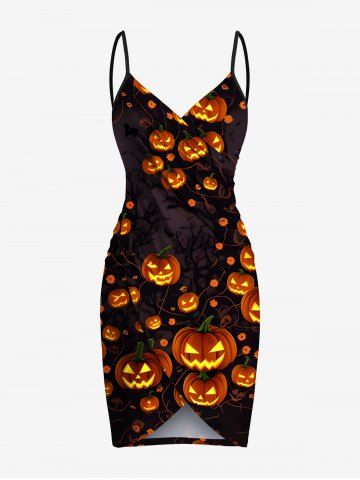 Plus Size Pumpkin Lantern Branch Print Halloween Convertible Beach Cover Up - BLACK - L