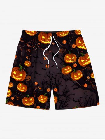 Plus Size Pumpkin Lantern Branch Print Halloween Drawstring Pocket Beach Shorts For Men - BLACK - 7XL