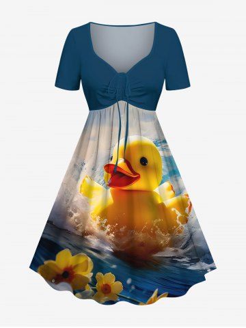 Plus Size Cute Duck Sea Waves Flower Print Hawaii Cinched A Line Dress - GREEN - 6X