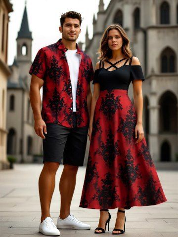 Halloween Tie Dye Floral Pattern Print Plus Size Matching Outfit For Couples - RED