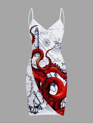 Plus Size Octopus Sailboat Anchor Print Hawaii Cruise Convertible Beach Cover Up - WHITE - 2X