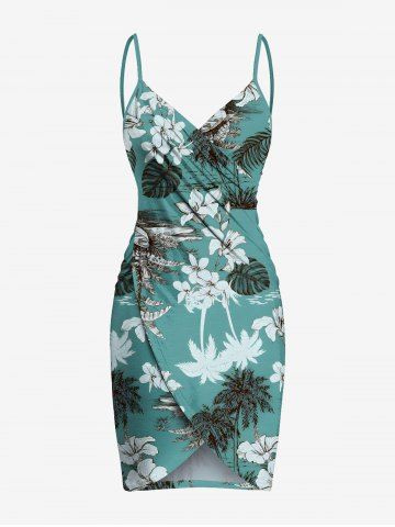 Plus Size Coconut Tree Tropical Leaf Hibiscus Flower Print Hawaii Convertible Beach Cover Up - GREEN - 1X