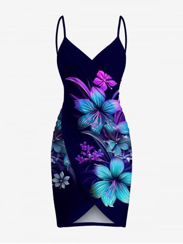 Plus Size Ombre Hibiscus Flower Leaf Print Hawaii Convertible Beach Cover Up - MIDNIGHT BLUE - XS